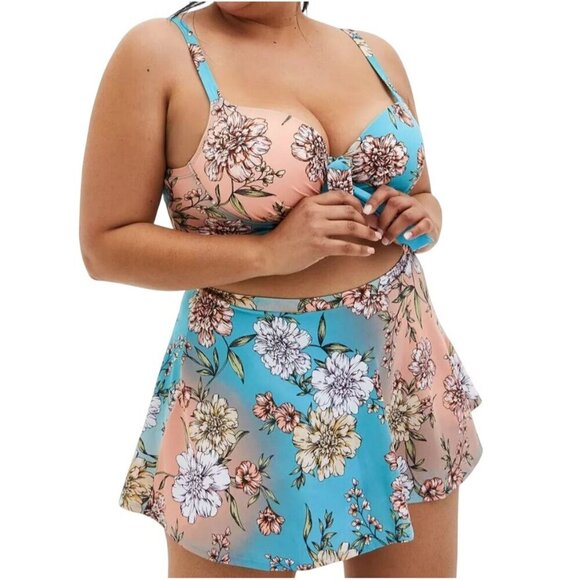 Torrid Bikini Floral Swim 3X Blue High Rise Skater Boho Western Coastal Feminine - Picture 1 of 14